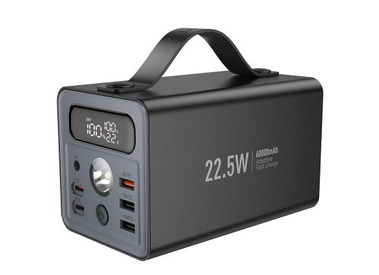 HOCO J138 Power Bank with Ultra Large 60,000mAh Capacity 22.5W PD20W DC12V Multi-function, Dual Type-C Input and Type-C and triple USB-A output, LED digital display of power level, With LED lamp and handle - Black